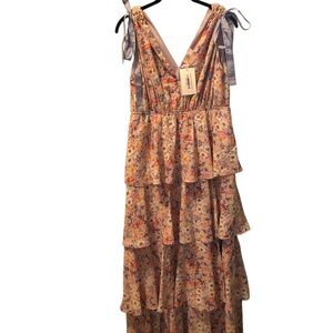 Entro Multicolor Floral Maxi Dress taupe backdrop with spring colors very pretty